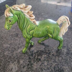 Vintage Green Ceramic Horse Wild Stallion  Figurine From Japan